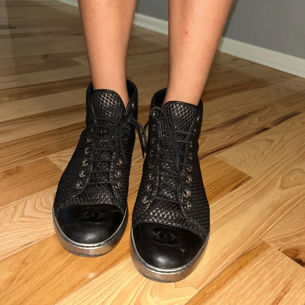 CHANEL Black Woven High-Top Sneakers with Metallic Sole